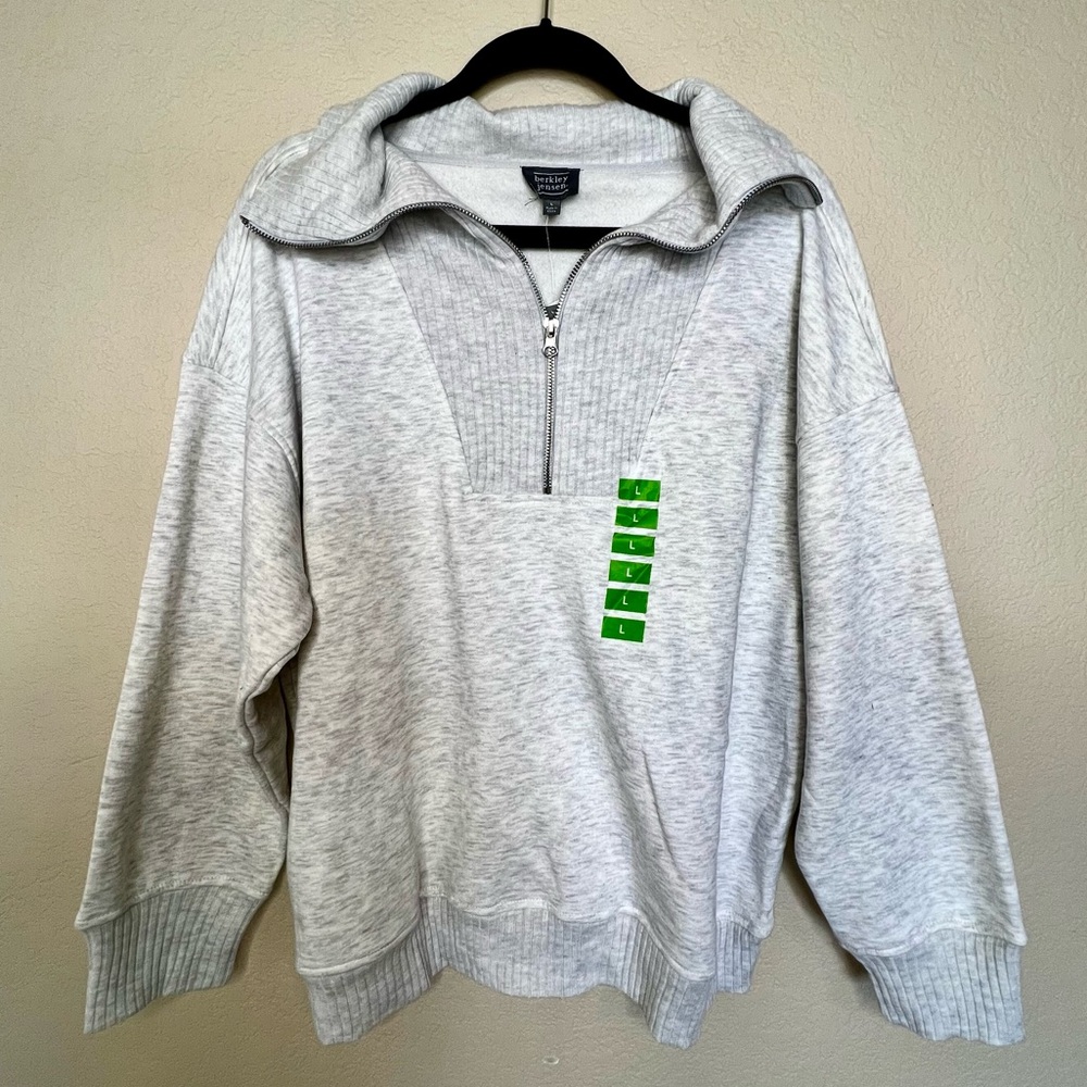 NWT Cozy Quarter Zip Pullover Large Gray Ribbed Trim Fleece Sweatshirt